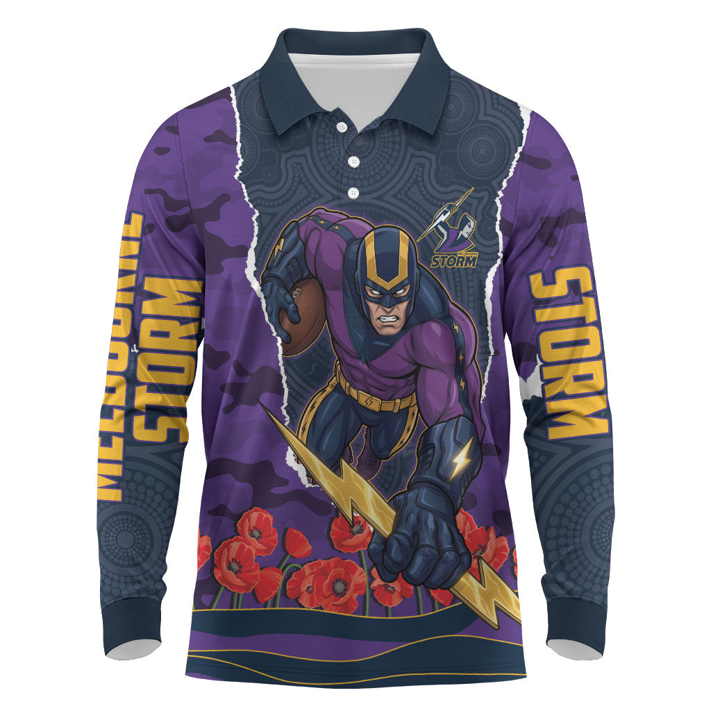 Personalized Melbourne Storm ANZAC Tribute Long Sleeve Polo Shirt Poppy Field Soldier Silhouette Aboriginal Rugby Mascot