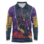 Personalized Melbourne Storm ANZAC Tribute Long Sleeve Polo Shirt Poppy Field Soldier Silhouette Aboriginal Rugby Mascot