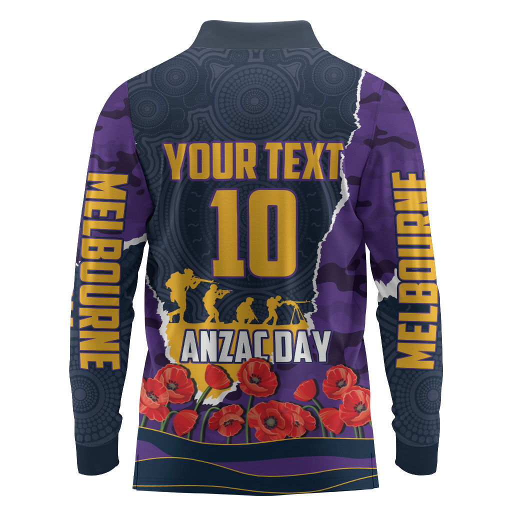 Personalized Melbourne Storm ANZAC Tribute Long Sleeve Polo Shirt Poppy Field Soldier Silhouette Aboriginal Rugby Mascot