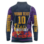 Personalized Melbourne Storm ANZAC Tribute Long Sleeve Polo Shirt Poppy Field Soldier Silhouette Aboriginal Rugby Mascot