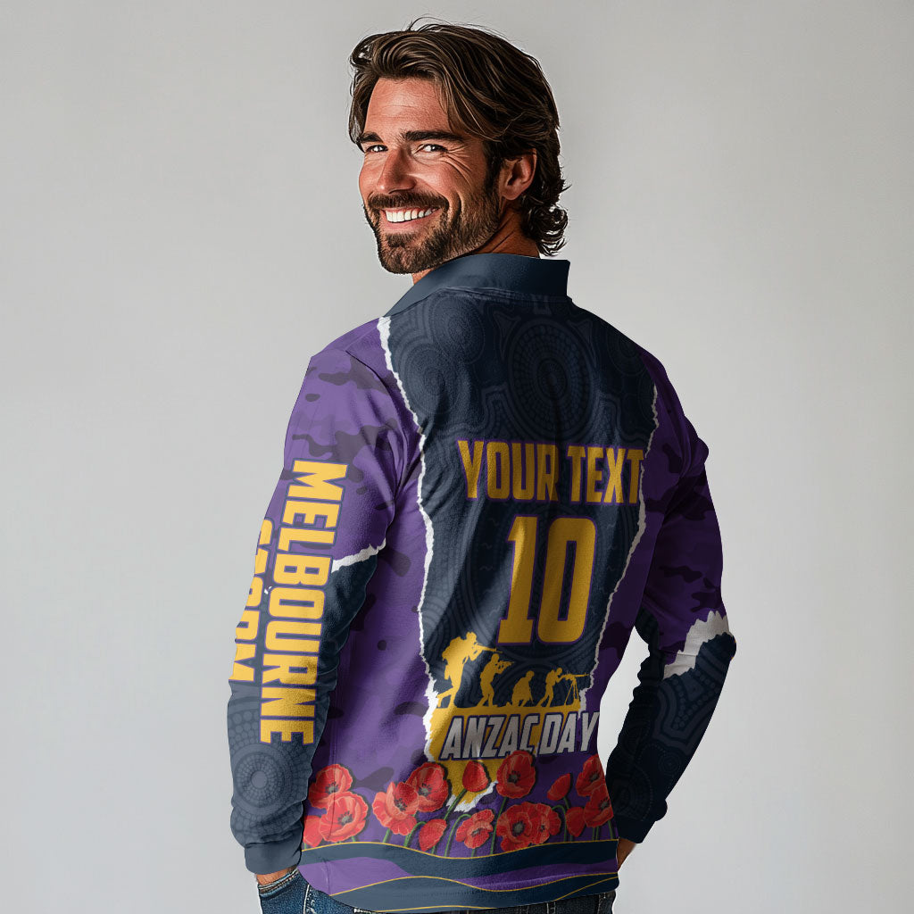 Personalized Melbourne Storm ANZAC Tribute Long Sleeve Polo Shirt Poppy Field Soldier Silhouette Aboriginal Rugby Mascot