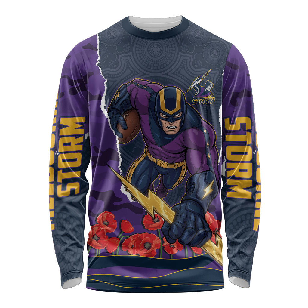 Personalized Melbourne Storm ANZAC Tribute Long Sleeve Shirt Poppy Field Soldier Silhouette Aboriginal Rugby Mascot