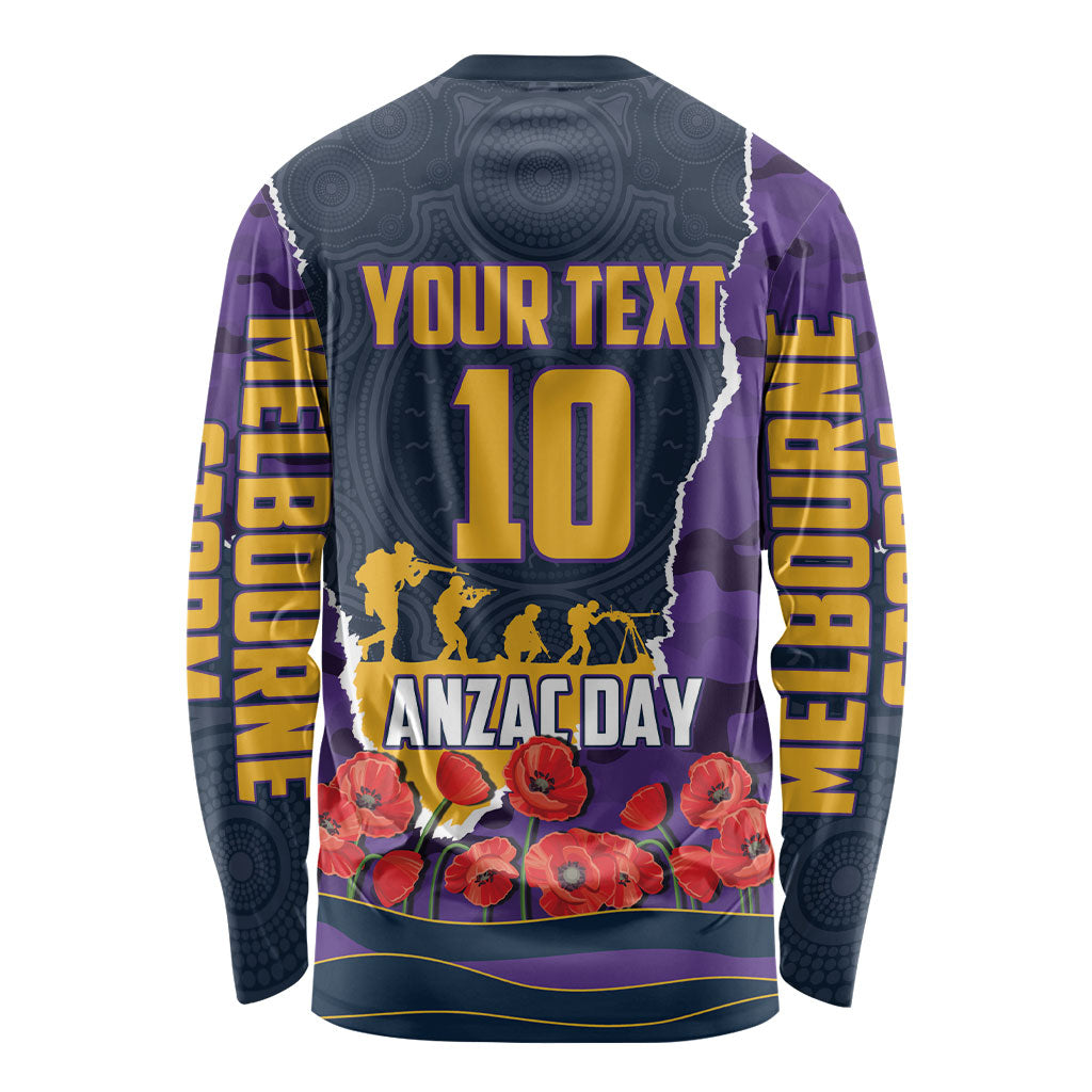 Personalized Melbourne Storm ANZAC Tribute Long Sleeve Shirt Poppy Field Soldier Silhouette Aboriginal Rugby Mascot