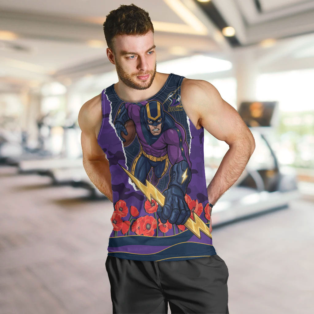 Personalized Melbourne Storm ANZAC Tribute Men Tank Top Poppy Field Soldier Silhouette Aboriginal Rugby Mascot
