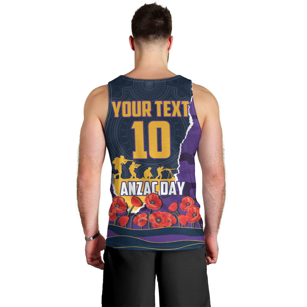 Personalized Melbourne Storm ANZAC Tribute Men Tank Top Poppy Field Soldier Silhouette Aboriginal Rugby Mascot