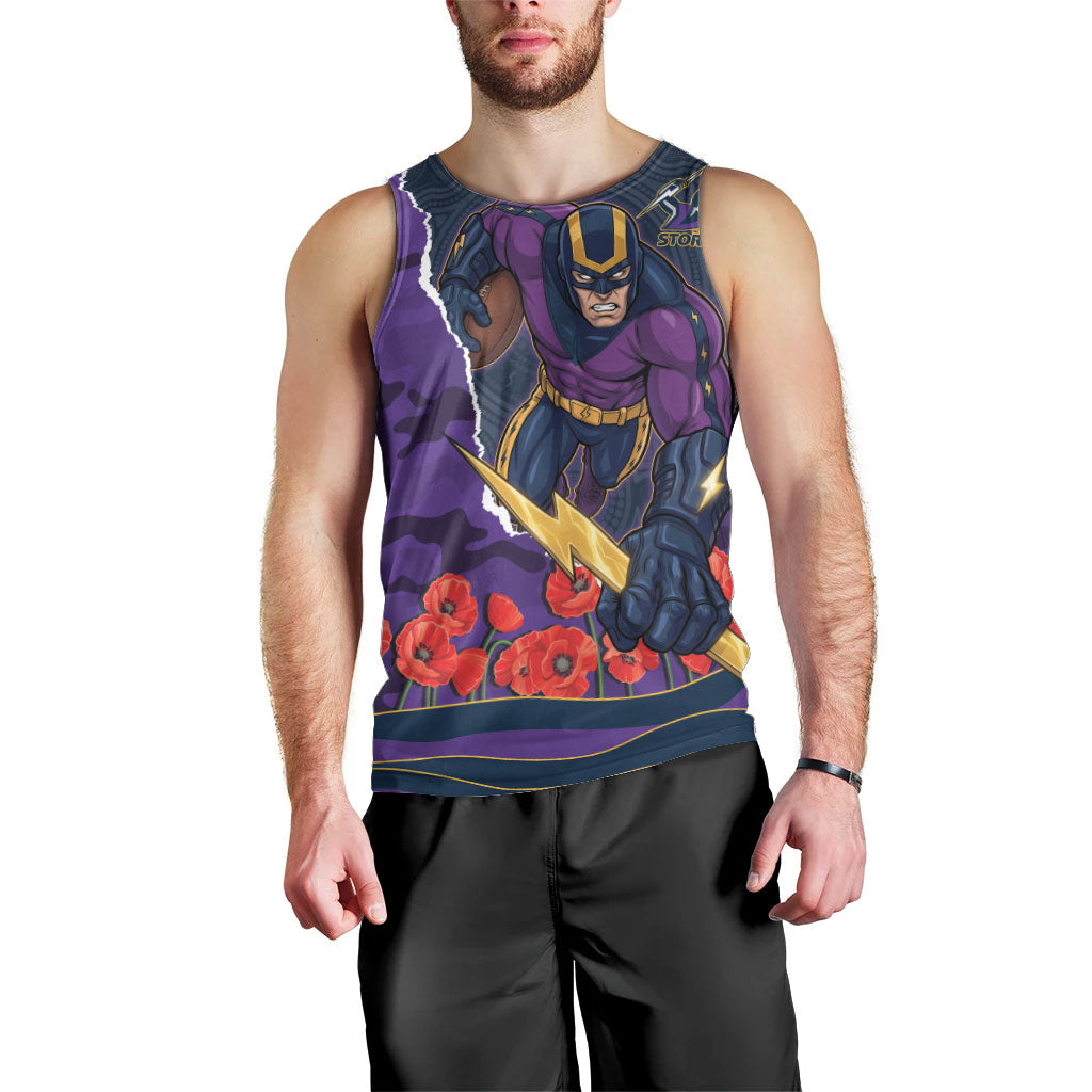 Personalized Melbourne Storm ANZAC Tribute Men Tank Top Poppy Field Soldier Silhouette Aboriginal Rugby Mascot