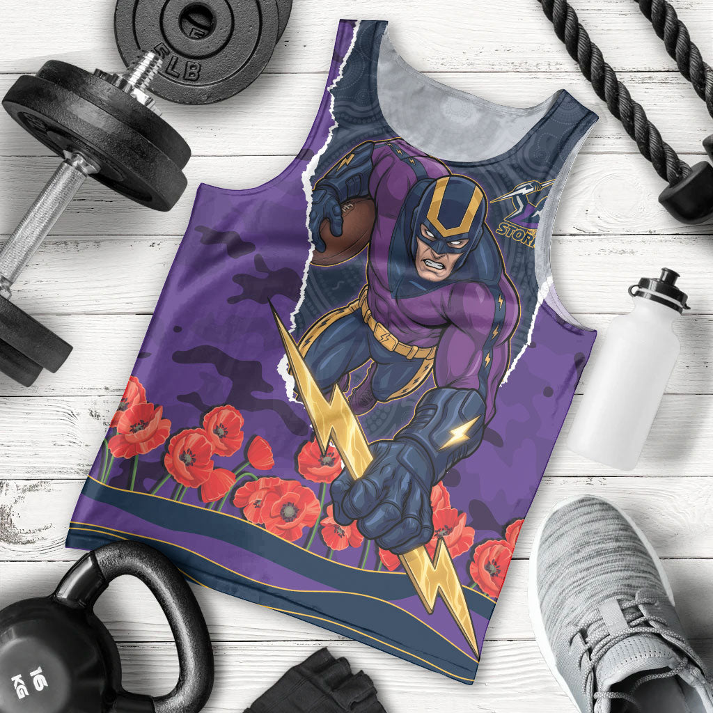 Personalized Melbourne Storm ANZAC Tribute Men Tank Top Poppy Field Soldier Silhouette Aboriginal Rugby Mascot