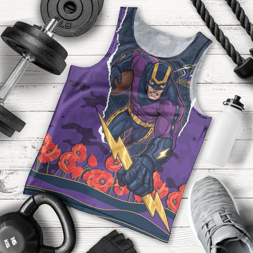 Personalized Melbourne Storm ANZAC Tribute Men Tank Top Poppy Field Soldier Silhouette Aboriginal Rugby Mascot