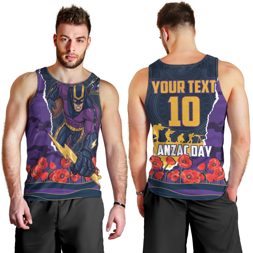 Personalized Melbourne Storm ANZAC Tribute Men Tank Top Poppy Field Soldier Silhouette Aboriginal Rugby Mascot