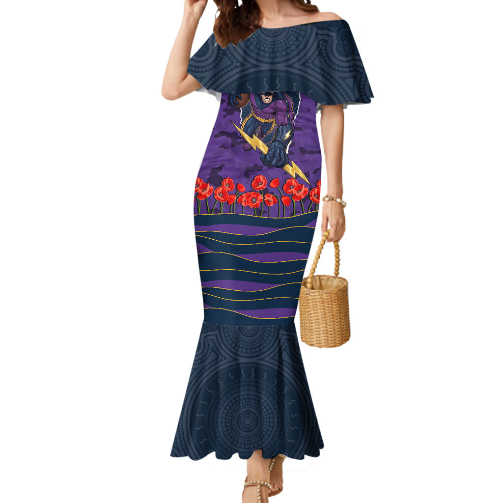 Personalized Melbourne Storm ANZAC Tribute Mermaid Dress Poppy Field Soldier Silhouette Aboriginal Rugby Mascot