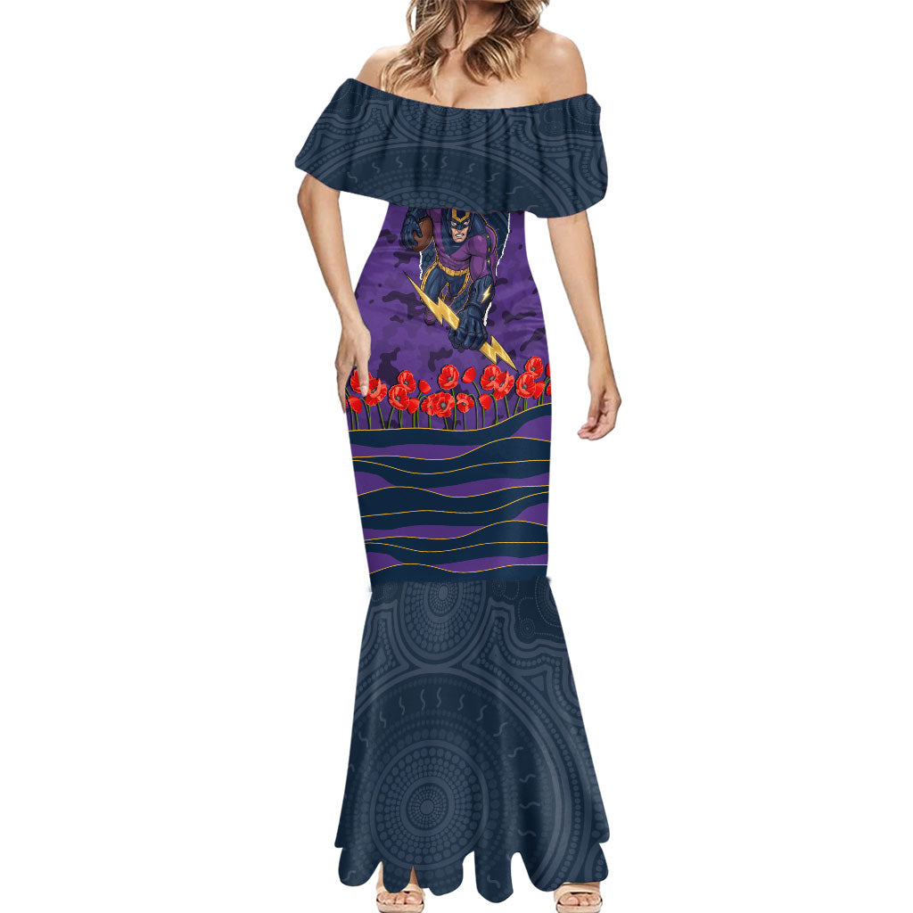 Personalized Melbourne Storm ANZAC Tribute Mermaid Dress Poppy Field Soldier Silhouette Aboriginal Rugby Mascot