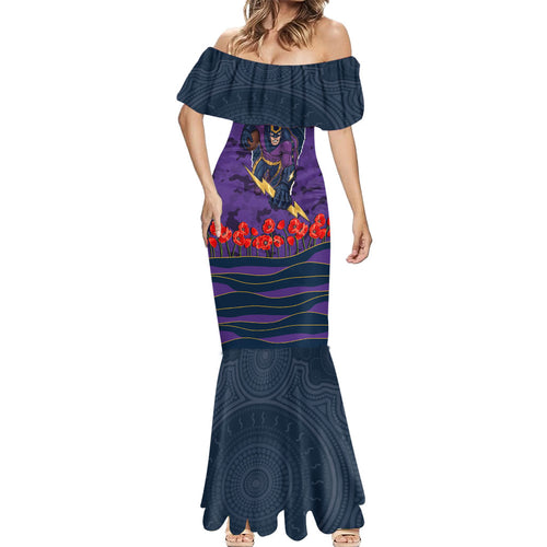 Personalized Melbourne Storm ANZAC Tribute Mermaid Dress Poppy Field Soldier Silhouette Aboriginal Rugby Mascot