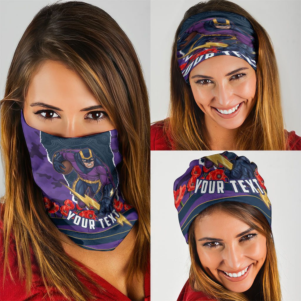 Personalized Melbourne Storm ANZAC Tribute Neck Gaiter Poppy Field Soldier Silhouette Aboriginal Rugby Mascot