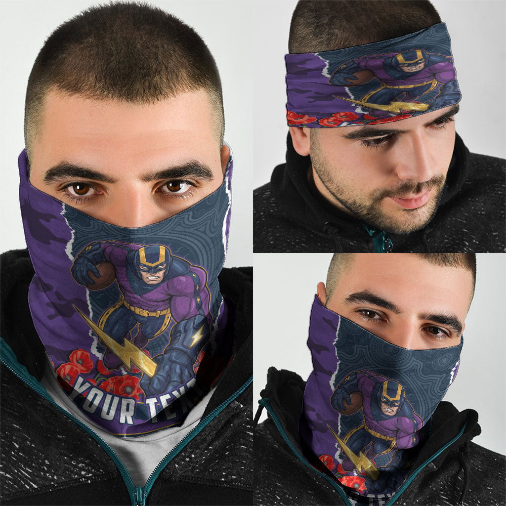 Personalized Melbourne Storm ANZAC Tribute Neck Gaiter Poppy Field Soldier Silhouette Aboriginal Rugby Mascot