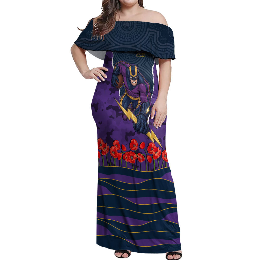 Personalized Melbourne Storm ANZAC Tribute Off Shoulder Maxi Dress Poppy Field Soldier Silhouette Aboriginal Rugby Mascot