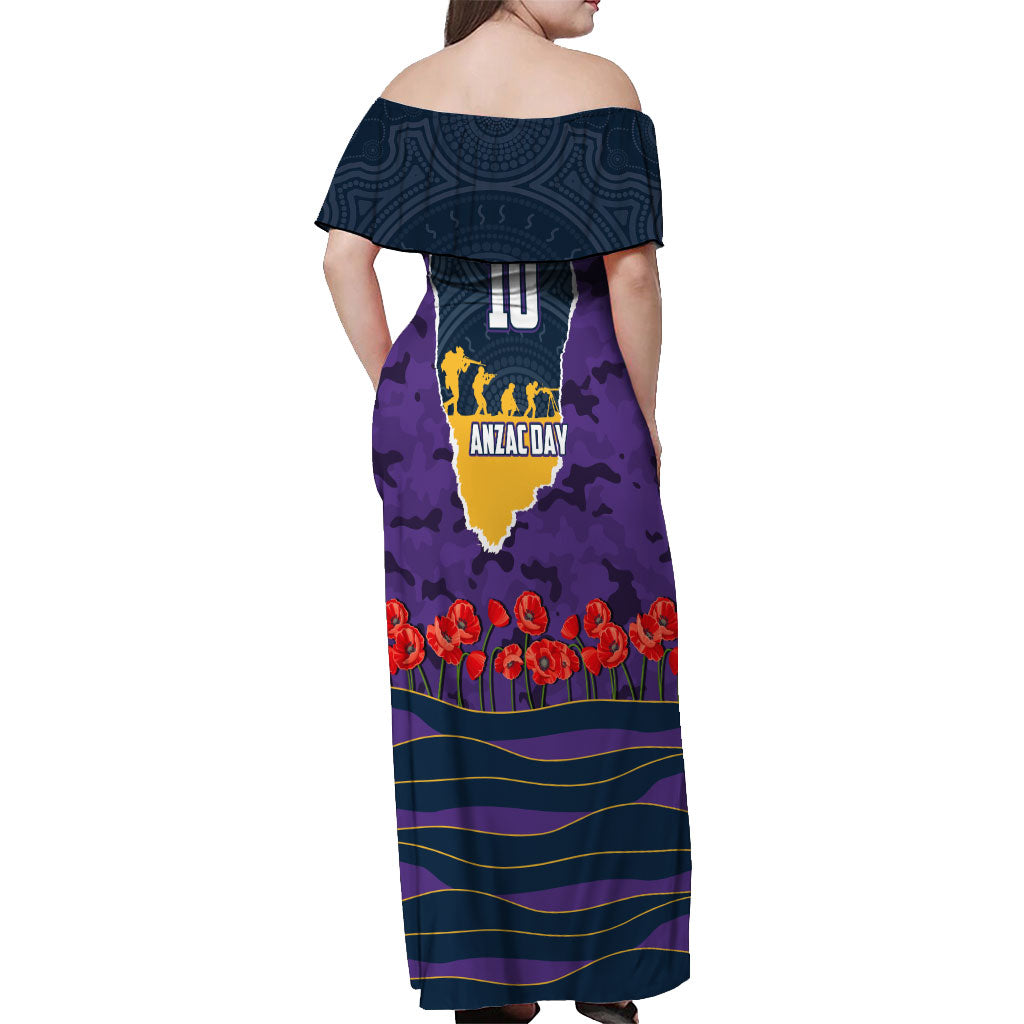 Personalized Melbourne Storm ANZAC Tribute Off Shoulder Maxi Dress Poppy Field Soldier Silhouette Aboriginal Rugby Mascot