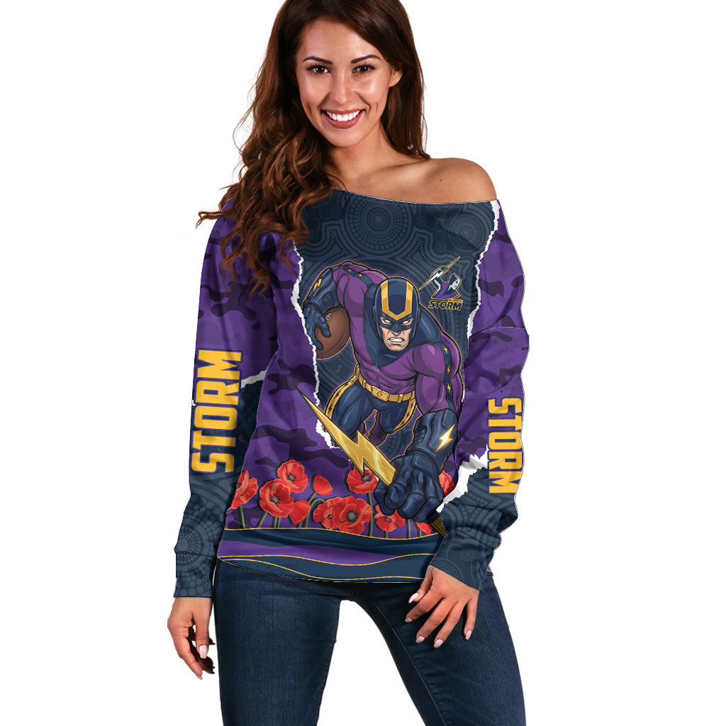 Personalized Melbourne Storm ANZAC Tribute Off Shoulder Sweater Poppy Field Soldier Silhouette Aboriginal Rugby Mascot
