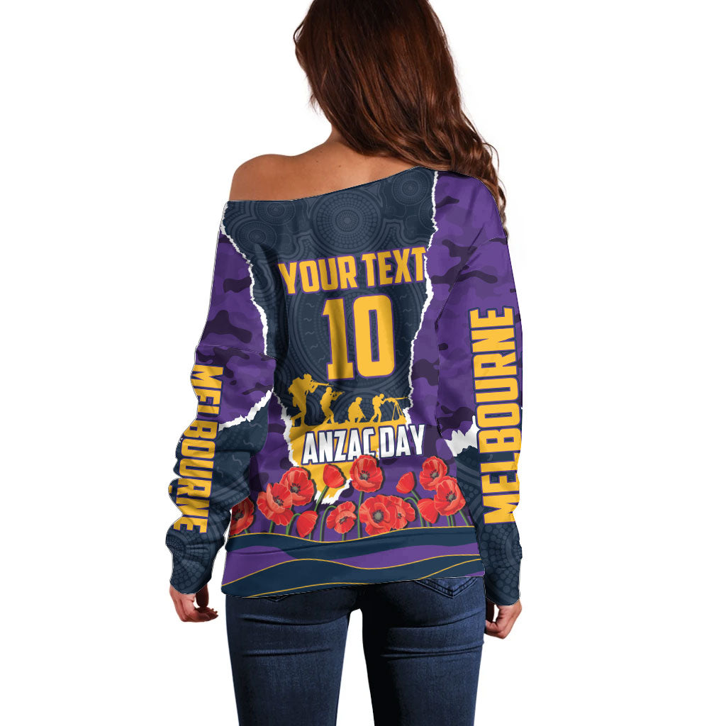 Personalized Melbourne Storm ANZAC Tribute Off Shoulder Sweater Poppy Field Soldier Silhouette Aboriginal Rugby Mascot