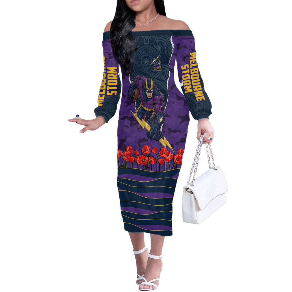 Personalized Melbourne Storm ANZAC Tribute Off The Shoulder Long Sleeve Dress Poppy Field Soldier Silhouette Aboriginal Rugby Mascot