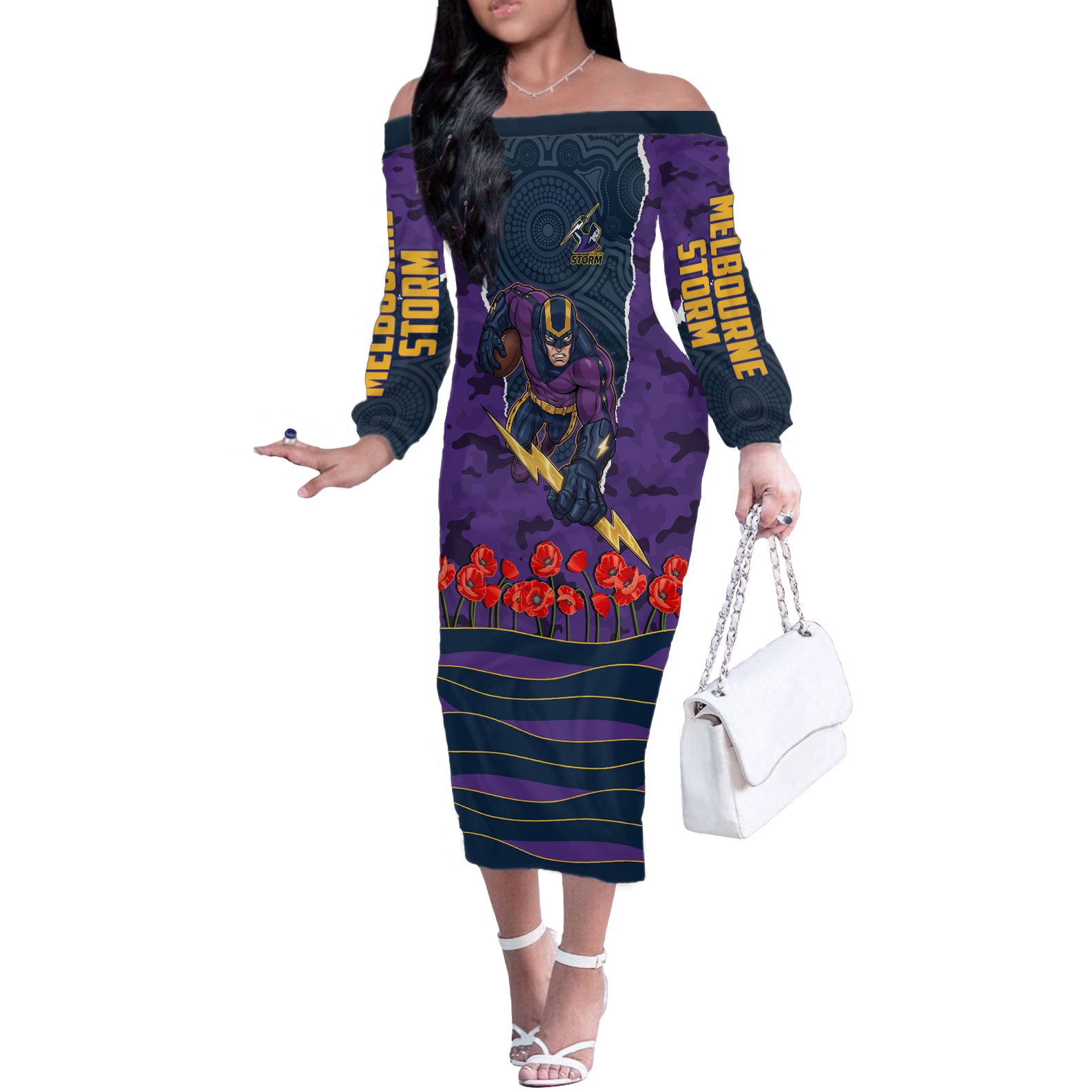 Personalized Melbourne Storm ANZAC Tribute Off The Shoulder Long Sleeve Dress Poppy Field Soldier Silhouette Aboriginal Rugby Mascot
