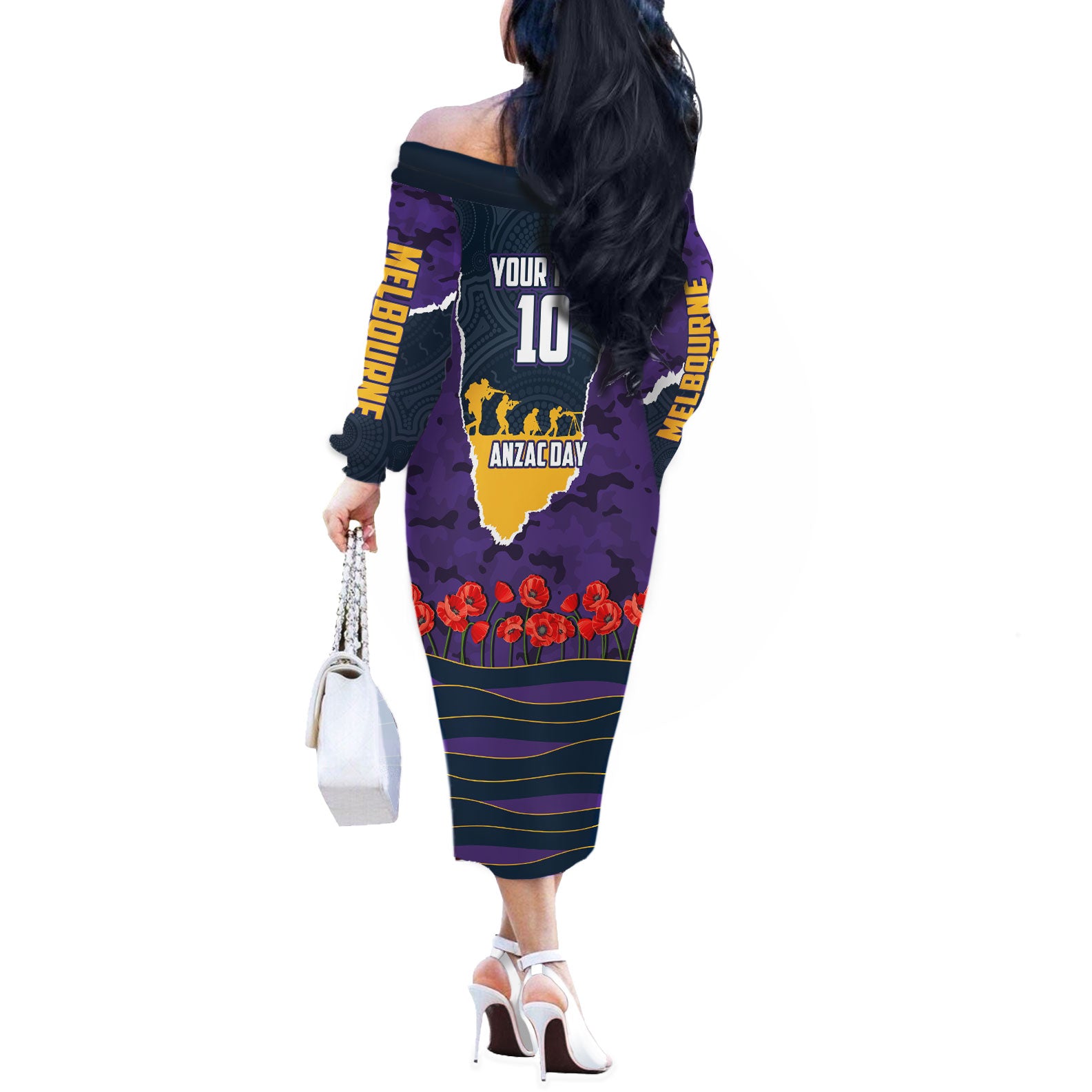 Personalized Melbourne Storm ANZAC Tribute Off The Shoulder Long Sleeve Dress Poppy Field Soldier Silhouette Aboriginal Rugby Mascot