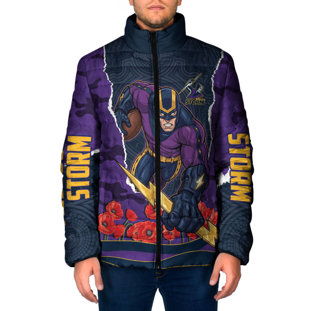 Personalized Melbourne Storm ANZAC Tribute Padded Jacket Poppy Field Soldier Silhouette Aboriginal Rugby Mascot