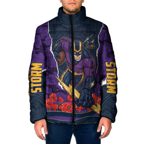 Personalized Melbourne Storm ANZAC Tribute Padded Jacket Poppy Field Soldier Silhouette Aboriginal Rugby Mascot