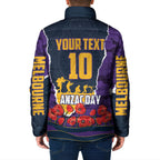 Personalized Melbourne Storm ANZAC Tribute Padded Jacket Poppy Field Soldier Silhouette Aboriginal Rugby Mascot