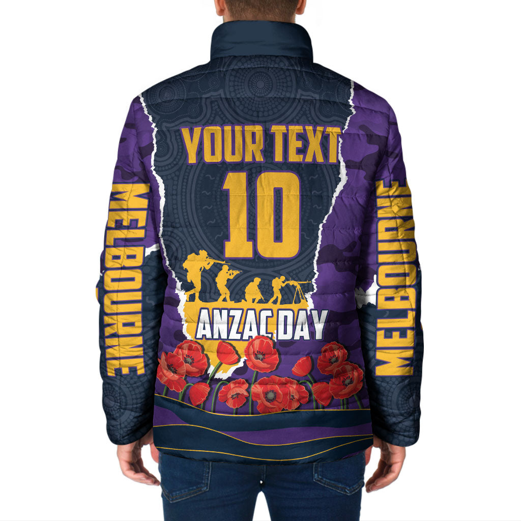 Personalized Melbourne Storm ANZAC Tribute Padded Jacket Poppy Field Soldier Silhouette Aboriginal Rugby Mascot