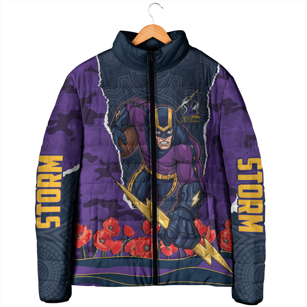 Personalized Melbourne Storm ANZAC Tribute Padded Jacket Poppy Field Soldier Silhouette Aboriginal Rugby Mascot