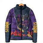 Personalized Melbourne Storm ANZAC Tribute Padded Jacket Poppy Field Soldier Silhouette Aboriginal Rugby Mascot
