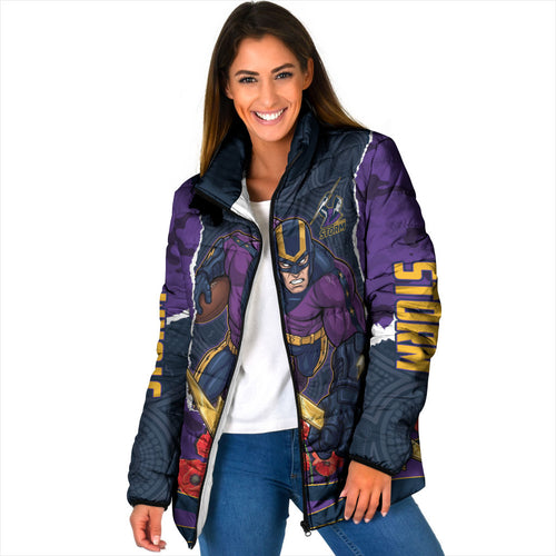 Personalized Melbourne Storm ANZAC Tribute Padded Jacket Poppy Field Soldier Silhouette Aboriginal Rugby Mascot