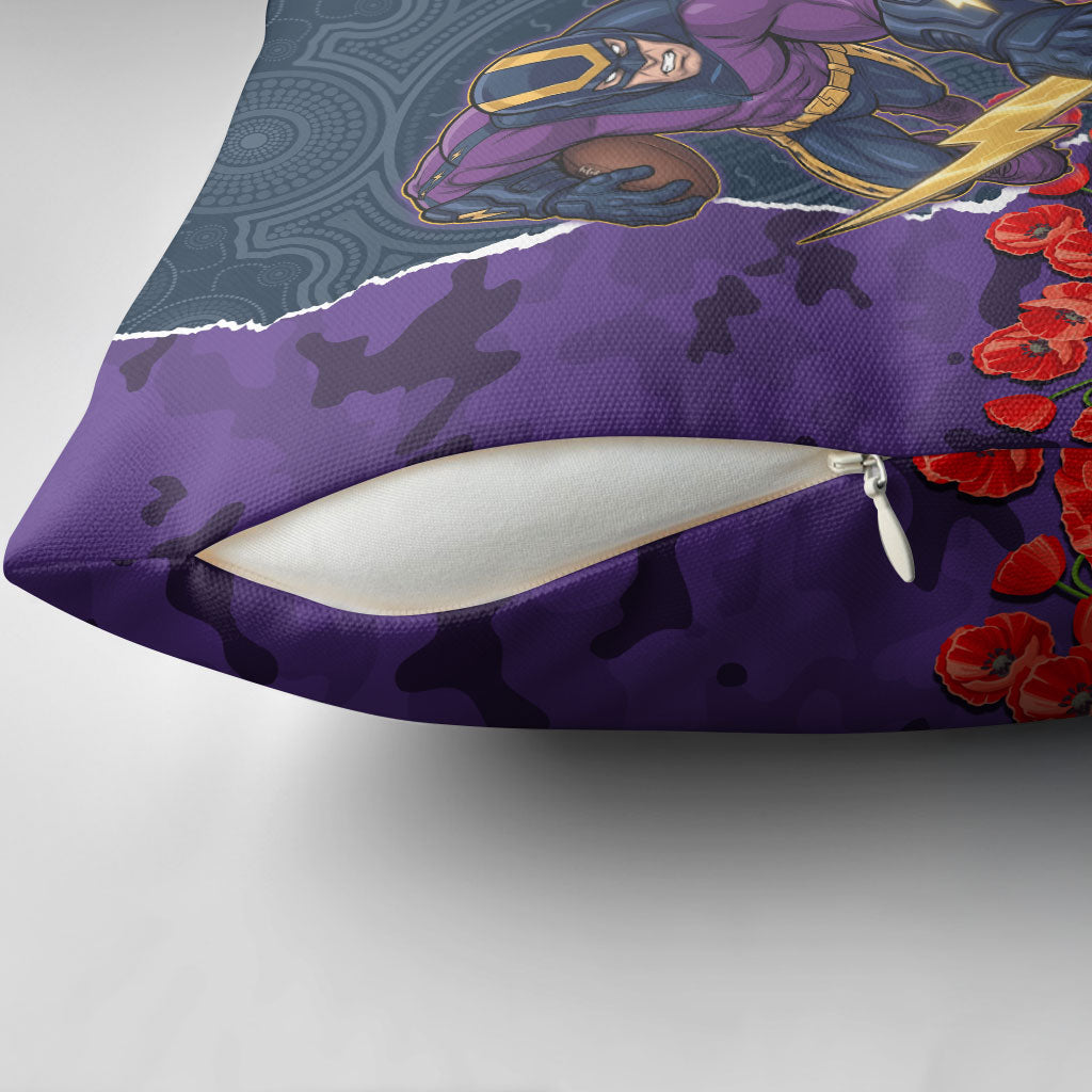 Personalized Melbourne Storm ANZAC Tribute Pillow Cover Poppy Field Soldier Silhouette Aboriginal Rugby Mascot