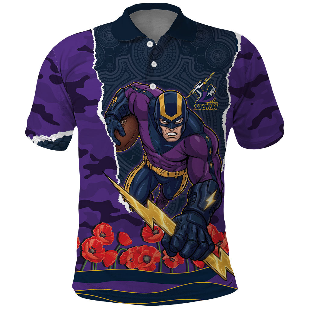 Personalized Melbourne Storm ANZAC Tribute Polo Shirt Poppy Field Soldier Silhouette Aboriginal Rugby Mascot