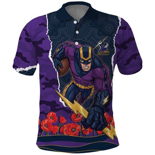 Personalized Melbourne Storm ANZAC Tribute Polo Shirt Poppy Field Soldier Silhouette Aboriginal Rugby Mascot