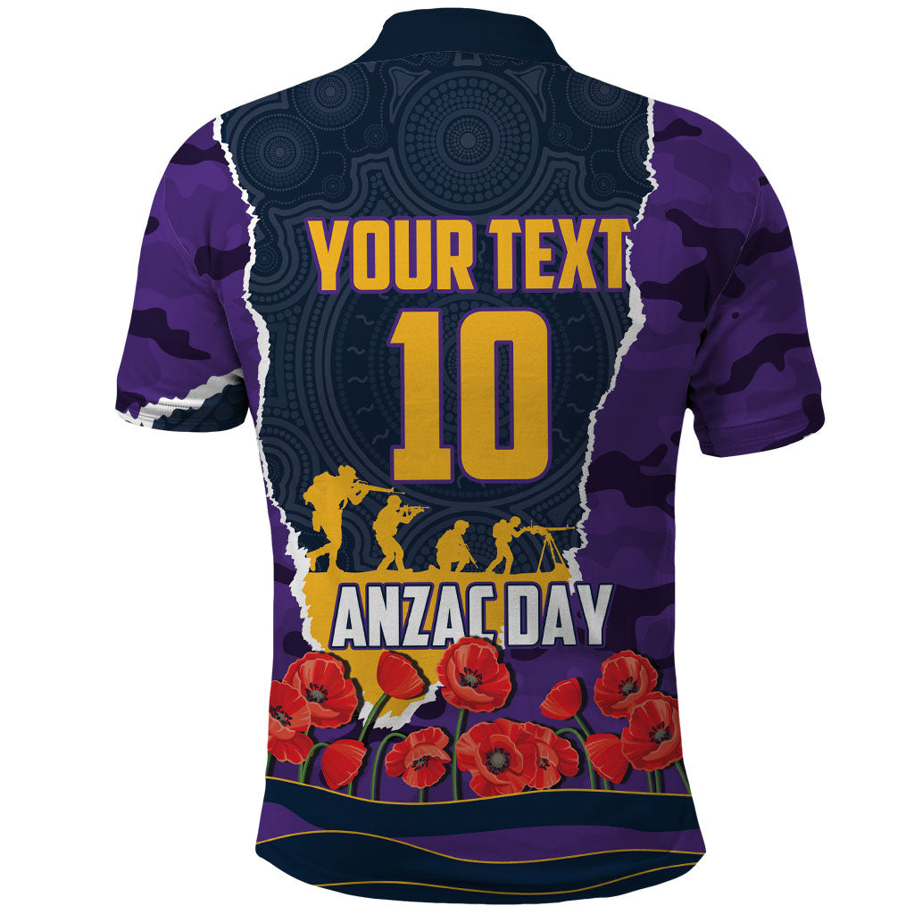 Personalized Melbourne Storm ANZAC Tribute Polo Shirt Poppy Field Soldier Silhouette Aboriginal Rugby Mascot
