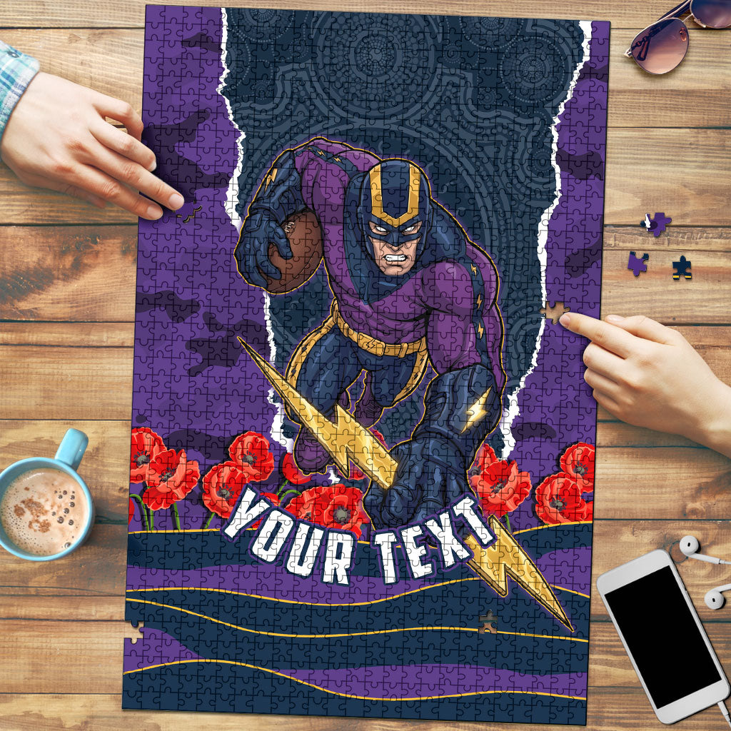 Personalized Melbourne Storm ANZAC Tribute Puzzle Poppy Field Soldier Silhouette Aboriginal Rugby Mascot