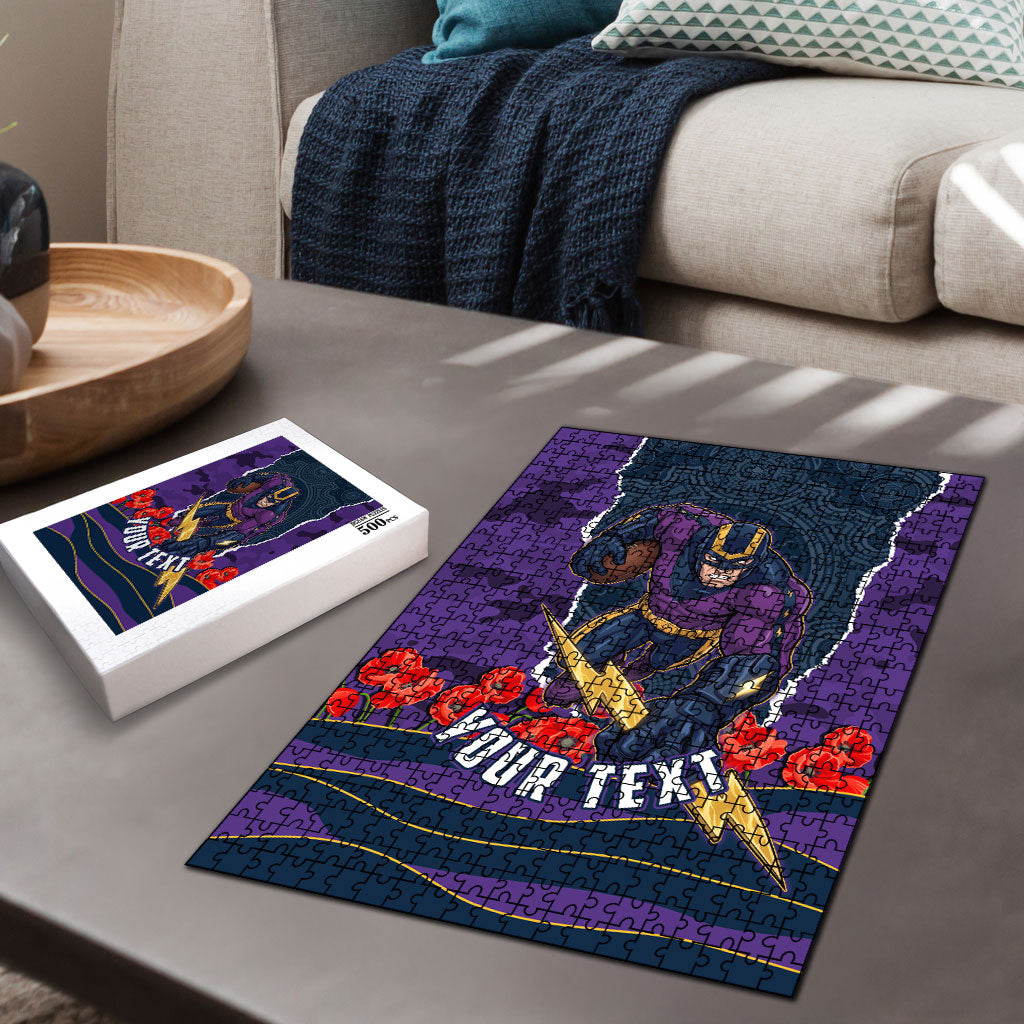 Personalized Melbourne Storm ANZAC Tribute Puzzle Poppy Field Soldier Silhouette Aboriginal Rugby Mascot