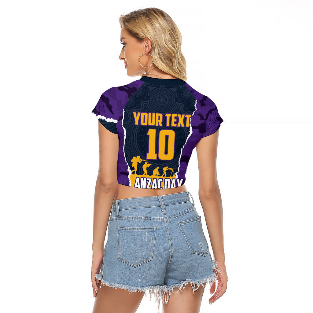 Personalized Melbourne Storm ANZAC Tribute Raglan Cropped T Shirt Poppy Field Soldier Silhouette Aboriginal Rugby Mascot