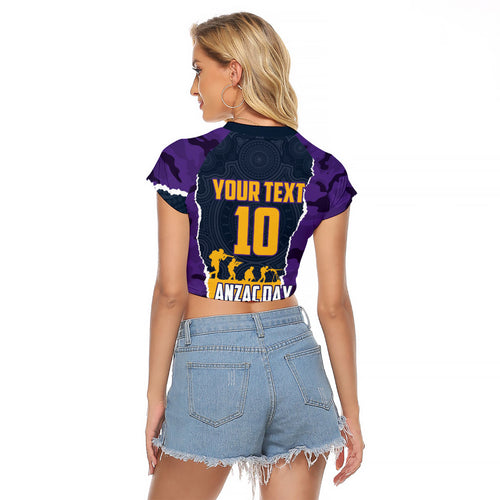 Personalized Melbourne Storm ANZAC Tribute Raglan Cropped T Shirt Poppy Field Soldier Silhouette Aboriginal Rugby Mascot