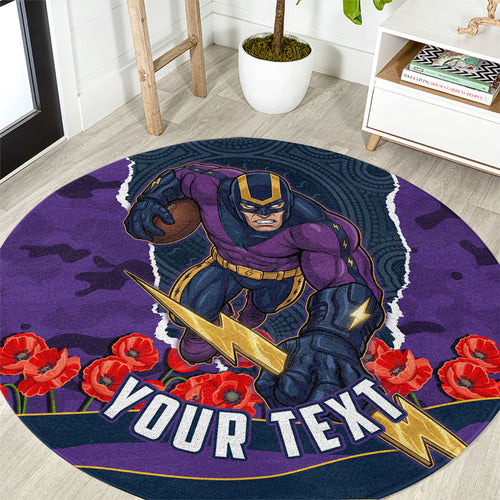 Personalized Melbourne Storm ANZAC Tribute Round Carpet Poppy Field Soldier Silhouette Aboriginal Rugby Mascot