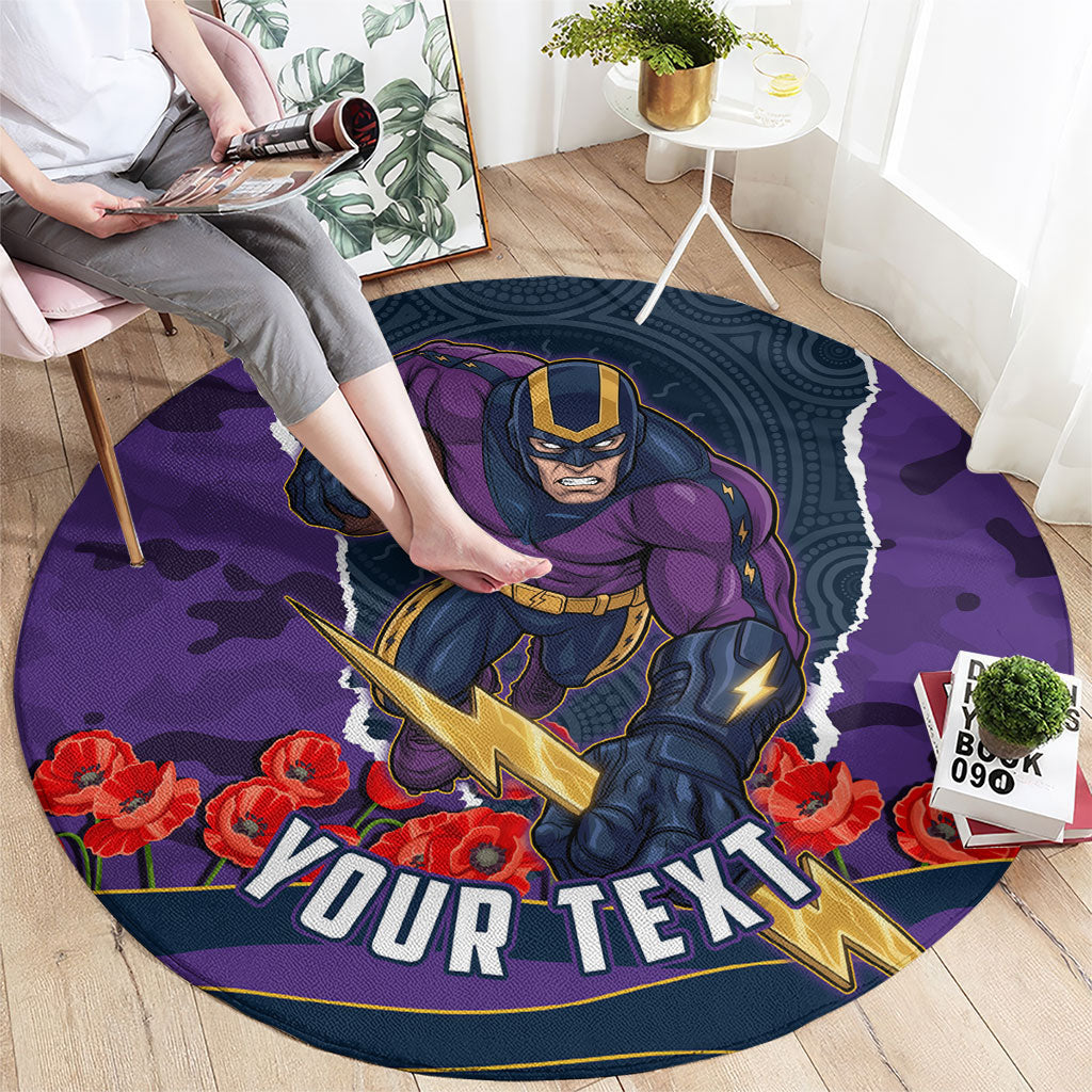 Personalized Melbourne Storm ANZAC Tribute Round Carpet Poppy Field Soldier Silhouette Aboriginal Rugby Mascot