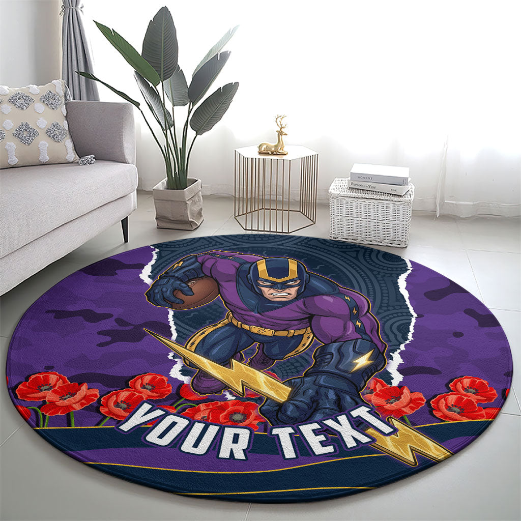 Personalized Melbourne Storm ANZAC Tribute Round Carpet Poppy Field Soldier Silhouette Aboriginal Rugby Mascot