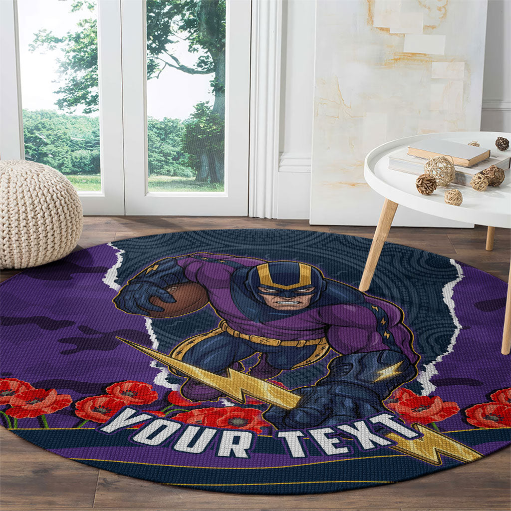 Personalized Melbourne Storm ANZAC Tribute Round Carpet Poppy Field Soldier Silhouette Aboriginal Rugby Mascot