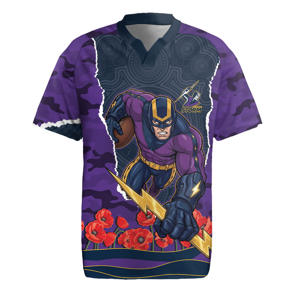 Personalized Melbourne Storm ANZAC Tribute Rugby Jersey Poppy Field Soldier Silhouette Aboriginal Rugby Mascot