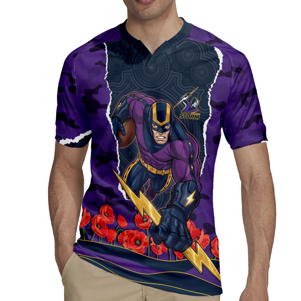 Personalized Melbourne Storm ANZAC Tribute Rugby Jersey Poppy Field Soldier Silhouette Aboriginal Rugby Mascot