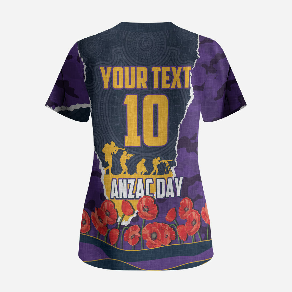 Personalized Melbourne Storm ANZAC Tribute Scrub Top Poppy Field Soldier Silhouette Aboriginal Rugby Mascot