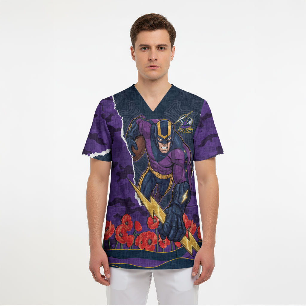 Personalized Melbourne Storm ANZAC Tribute Scrub Top Poppy Field Soldier Silhouette Aboriginal Rugby Mascot