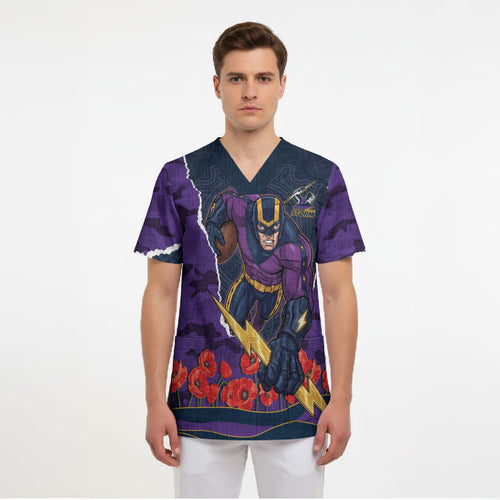 Personalized Melbourne Storm ANZAC Tribute Scrub Top Poppy Field Soldier Silhouette Aboriginal Rugby Mascot