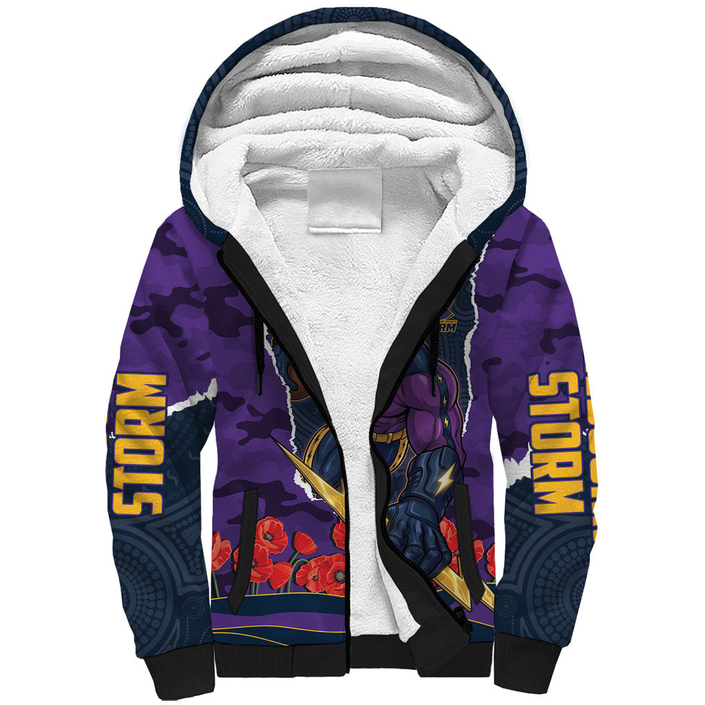 Personalized Melbourne Storm ANZAC Tribute Sherpa Hoodie Poppy Field Soldier Silhouette Aboriginal Rugby Mascot